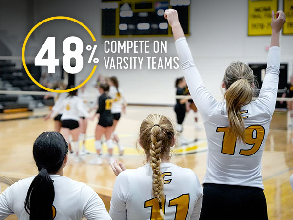 Volleyball players cheering on teammates with text 48% compete on varsity teams
