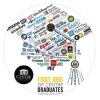 The names of dozens of large businesses and corporations are arranged in the shape of a graduation cap above the text "First Jobs  of Centre Graduates."