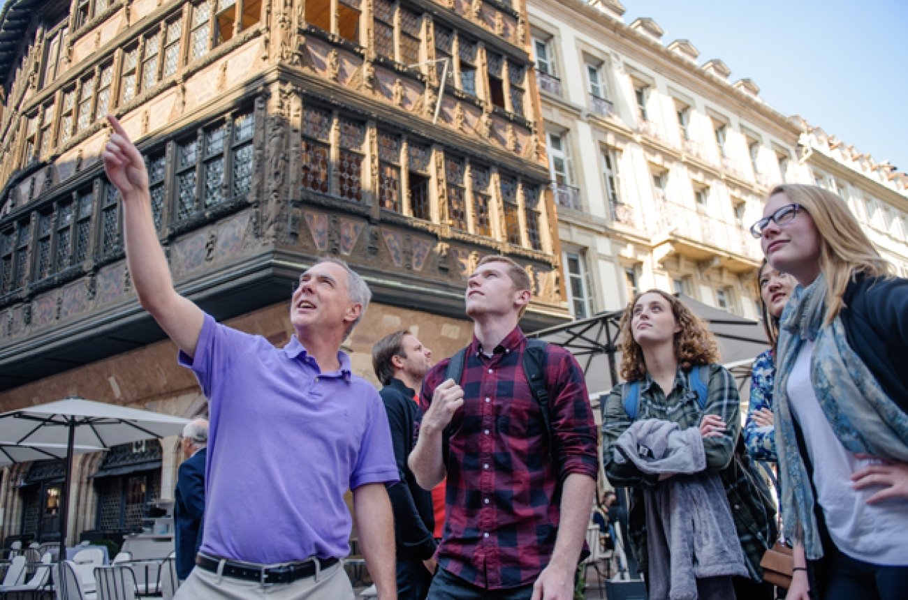 Students walking with professor in Strasbourg