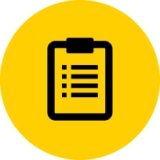 Gold circle with an icon of a clip board with check list