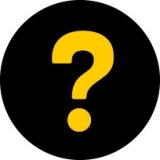 Black circle with a gold question mark inside circle