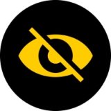 Black circle with icon for an eye with a slash through eye