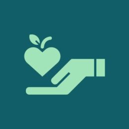 Illustration dark green background, teal hand holding light green heart shaped apple
