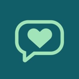 dark green background with teal thought bubble and heart inside thought bubble