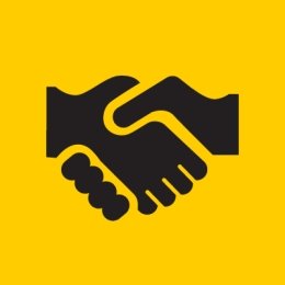 Gold square with icon of two people shaking hands