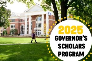 A graphic of a student walking along a tree-lined path with a large academic building in the background. Text reads "2025 Kentucky Governor's Scholars".