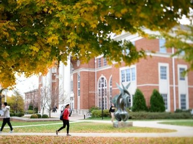 Students walking across campus