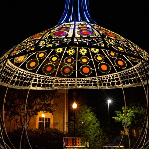 Stephen R. Powell Memorial lit up at night 