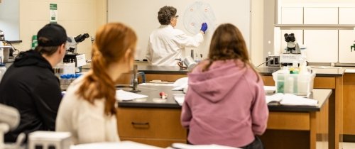 One man and two women watch as a professor wearing a white lab coat writes on a white board.