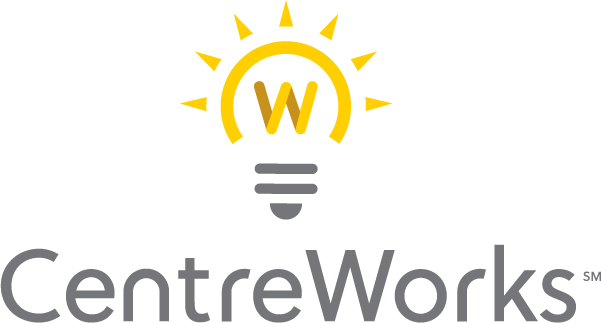 CentreWorks logo lightbulb idea graphic in yellow over gray letters