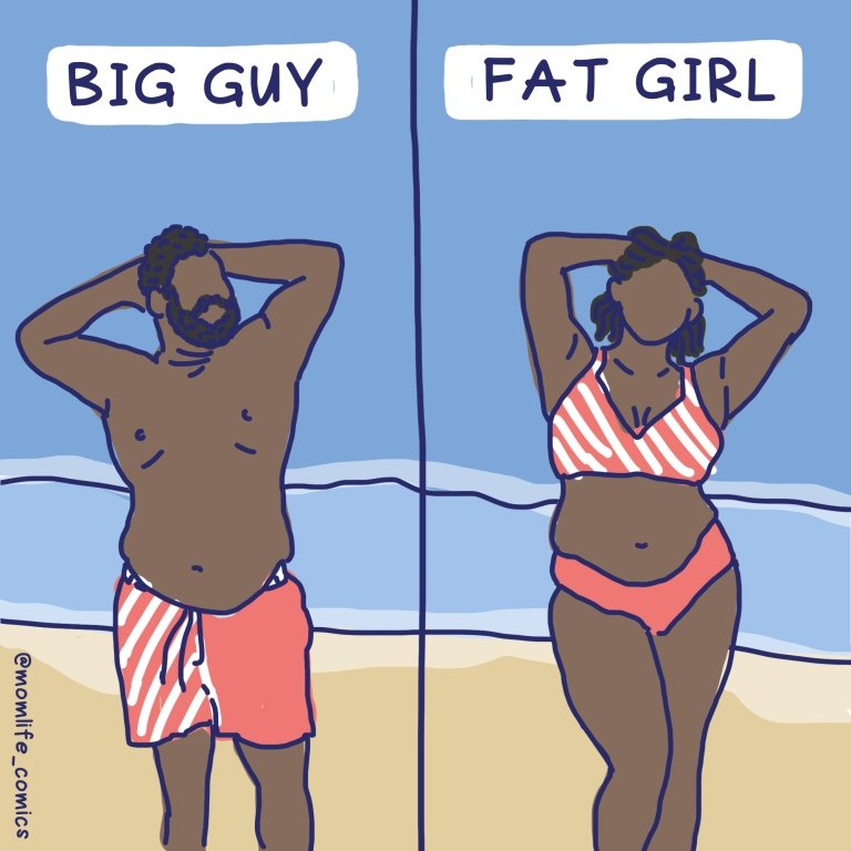 A comic panel shows the contrast between a man who is considered a "big guy" and a woman who is considered a "fat girl."