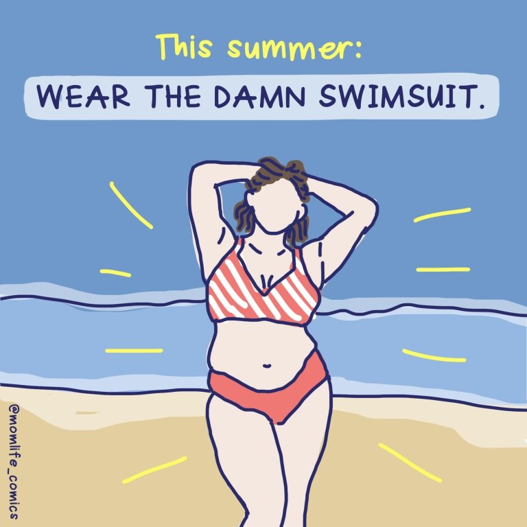 A comic panel shows a woman wearing a two-piece bathing suit beneath the words "This summer: Wear the Damn Swimsuit."