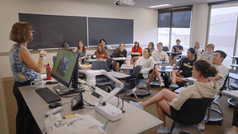 A woman stands in the front of a classroom filled with students. 