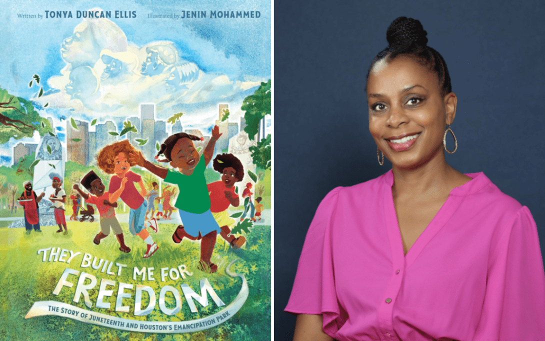 A collage of the book cover for "They Built Me for Freedom" and a headshot of Tonya Duncan Ellis.